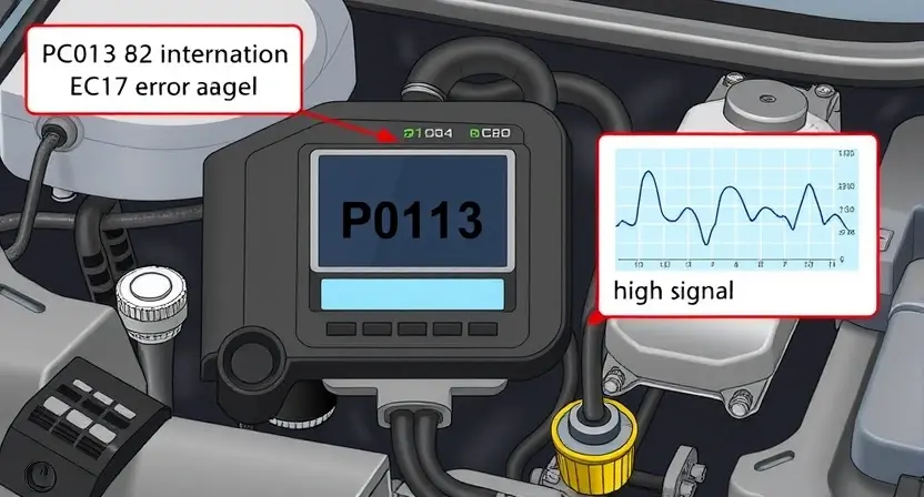 A detailed illustration of a car's engine control unit (ECU) with a visual representation of a P0113 error code and a high signal interpretation. The ECU should be depicted with internal components visible, highlighting the relevant sensors and wiring. The high signal should be shown as a fluctuating line graph within the ECU's display.