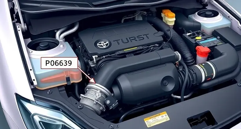 A detailed illustration of a car's engine bay, specifically highlighting the P0639 error code indicator light and associated diagnostic tools. The engine should be partially disassembled to show wiring and components relevant to the error. Focus on clarity and technical accuracy.
