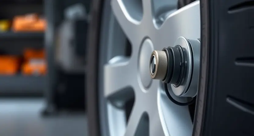 A close-up, detailed illustration of a car tire with a TPMS sensor attached. The tire should be slightly blurred in the background to focus on the sensor. The sensor should be clearly visible, showing its components and connections. The overall color palette should be realistic, with the tire black and the sensor metallic. The background should be a slightly out-of-focus garage or workshop setting.