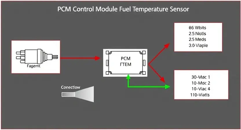 A detailed diagram illustrating the PCM control module and its connection to the fuel temperature sensor, with arrows indicating the data flow. Include visual representations of the sensor, PCM, and relevant wiring. The diagram should be clean, well-labeled, and easy to understand.