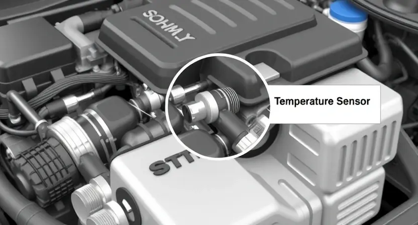 A detailed illustration of a car engine with a highlighted exhaust gas temperature sensor. The sensor should be clearly visible and labeled with a magnifying glass focusing on it. The surrounding engine components should be depicted in a realistic manner, showing the sensor's connection to the exhaust system. The image should convey a sense of precision and technical accuracy.