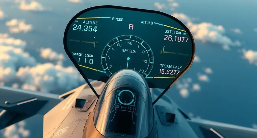 A detailed illustration of a futuristic HUD (Heads-Up Display) system on a military aircraft. The HUD should display critical information such as speed, altitude, target lock, and navigation data in a clear, easily readable format. The background should be a blurred view of the aircraft in flight. Focus on the technological aspects and the sleek design of the HUD.