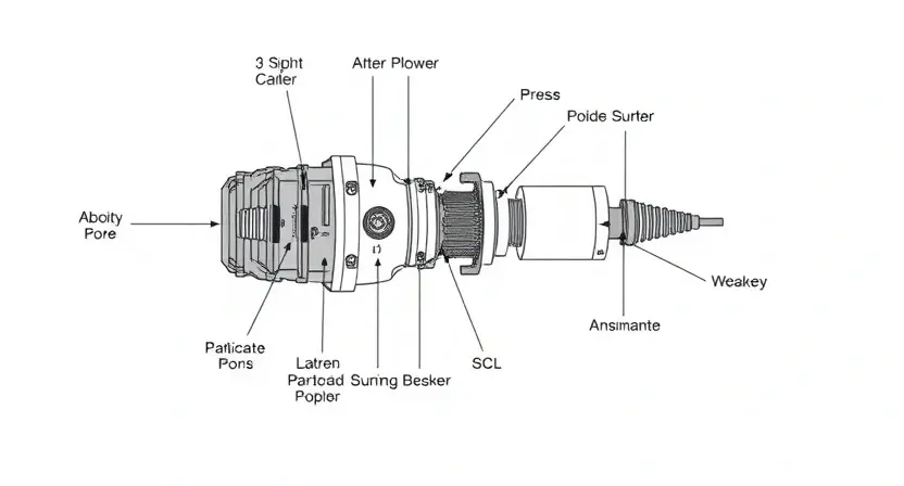A detailed illustration of a particulate matter sensor, highlighting its internal components and connections. The sensor should be depicted in a technical drawing style, with clear labels for each part. The background should be a clean, white space.