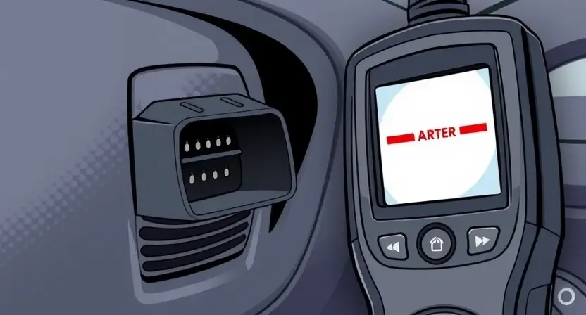 A close-up, detailed illustration of a car's OBD-II port with a diagnostic scan tool connected. The background should subtly suggest an automotive repair shop environment, but the focus is on the port and the tool. The scan tool should display a simplified representation of a communication error, perhaps a broken signal line or a disconnected icon.