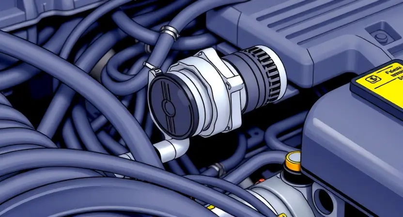 A close-up, detailed illustration of an engine bay with a focus on the Engine Coolant Temperature (ECT) sensor. The sensor should be clearly visible, along with surrounding engine components like hoses and wiring. Use bright, clean colors to highlight the sensor's location and connections. The overall scene should convey a sense of technical precision and diagnostic inspection.