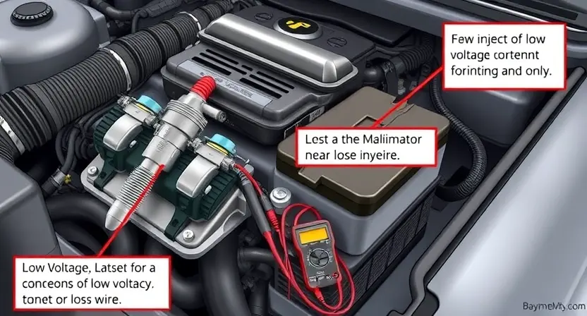 A detailed illustration of an engine bay, focusing on the fuel injector circuit for cylinder 4. Show a close-up of the injector, wiring harness, and the engine control unit (ECU). Highlight potential signs of low voltage, such as a dimly lit connector or a loose wire. Include diagnostic tools like a multimeter near the injector.