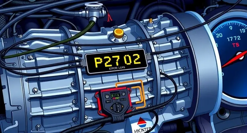 A detailed illustration of an automotive transmission system with a focus on the P2702 error code indicator. The image should show the transmission components, wiring, and the error code displayed on a dashboard. The lighting should be realistic, highlighting the error indicator.