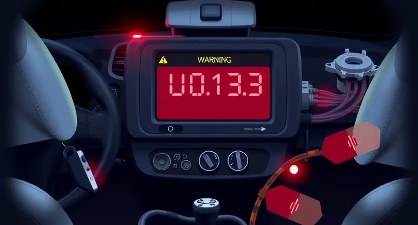 A high-quality technical illustration showing a vehicle's SRS (Supplemental Restraint System) module with a warning indicator and a red error code U0153 displayed on a diagnostic screen, surrounded by automotive components like airbags, sensors, and wiring harnesses, with a dark background and subtle glow effects to emphasize the error