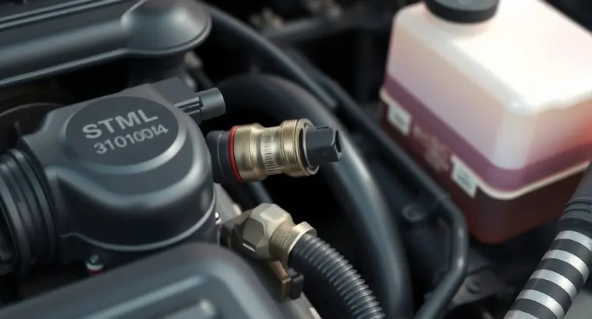 A close-up, detailed illustration of a car's engine bay. Focus on the oxygen sensor and related components. The engine should appear clean and well-maintained. Use realistic lighting to highlight the sensor's position and connections.