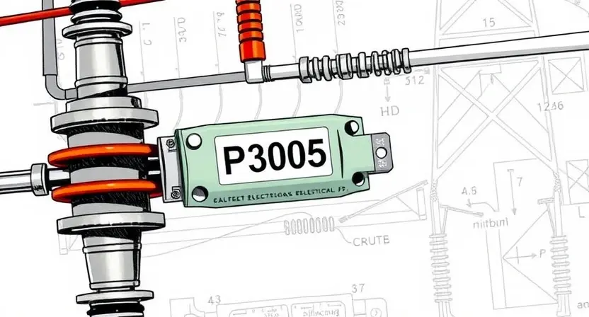 A detailed illustration of a high-voltage electrical system with a blown fuse labeled 'P3005'. The system should include components like insulators, conductors, and a fuse holder. The fuse should be visibly broken. The background should be a schematic diagram style, with clear labeling of parts.
