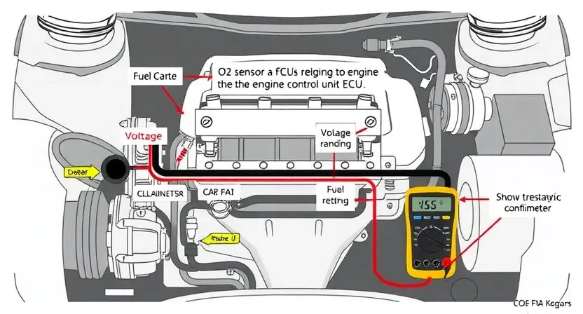 A detailed diagram illustrating a car engine's fuel system, specifically highlighting the O2 sensor and its connection to the engine control unit (ECU). Show voltage readings being checked with a multimeter. Include labels for key components like the exhaust manifold, catalytic converter, and fuel injectors. The diagram should be clean and easy to understand, focusing on the diagnostic process.