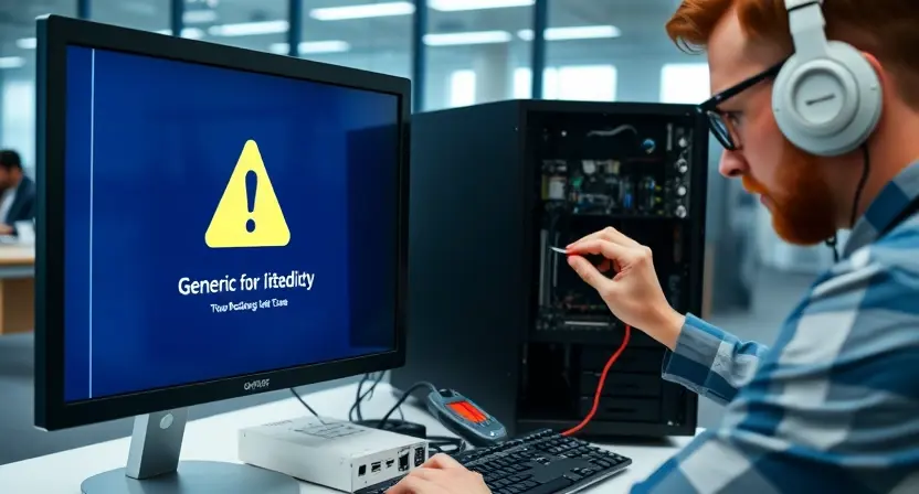 A modern office setting with a computer displaying a generic warning icon on the screen, a technician examining the hardware with diagnostic tools, circuit boards and cables visible, conveying troubleshooting and analysis of a technical error without any text or numbers on the screen