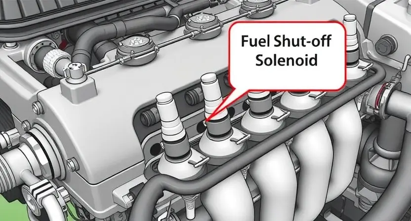 A detailed illustration of a fuel rail and fuel injector assembly, highlighting the fuel shut-off solenoid. The solenoid should be clearly visible and labeled. The background should be a clean, technical environment.