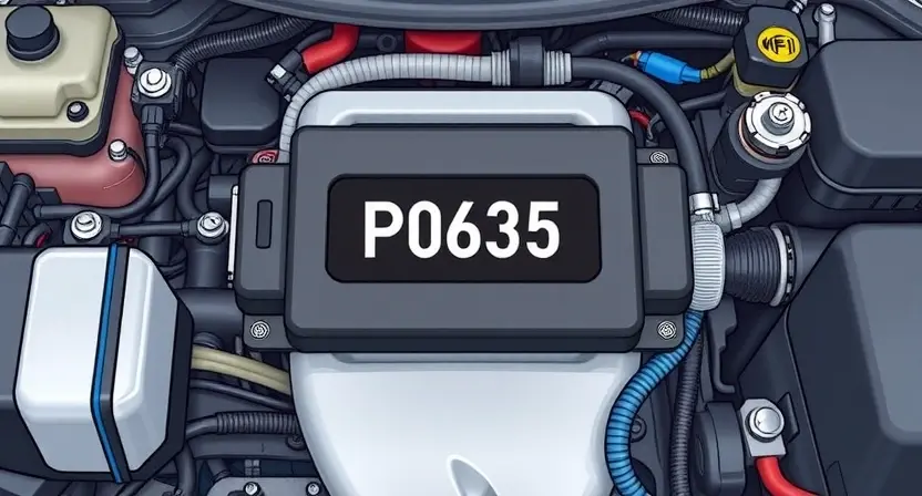 A detailed illustration of a car's engine control unit (ECU) with a diagnostic code P0635 highlighted. The ECU should be surrounded by various automotive components like sensors, wiring, and hoses. The background should be a clean, technical environment.
