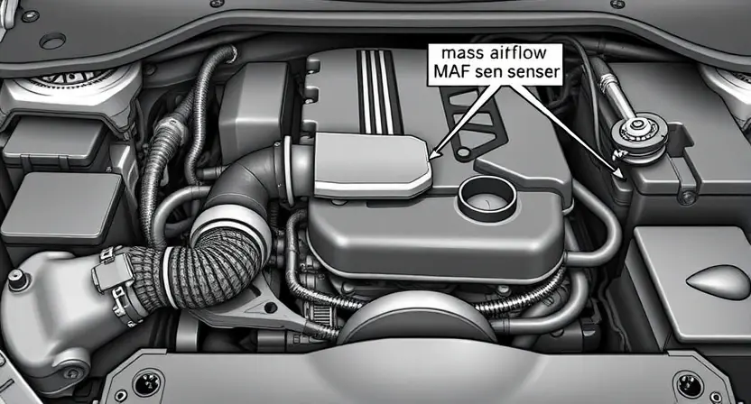 A detailed illustration of a car's engine bay, focusing on the position of the mass airflow sensor (MAF sensor). The sensor should be clearly visible, with wiring and connectors around it. Include visual cues indicating potential issues, such as a slightly corroded connector or a sensor that appears misaligned. The background should be slightly blurred to emphasize the sensor.