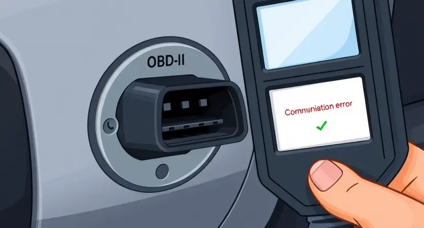 A close-up, detailed illustration of a car's OBD-II port with a diagnostic scan tool connected. The background should subtly suggest an automotive repair shop environment, but the focus is on the port and the tool. The scan tool should display a simplified representation of a communication error, perhaps a broken signal line or a disconnected icon.