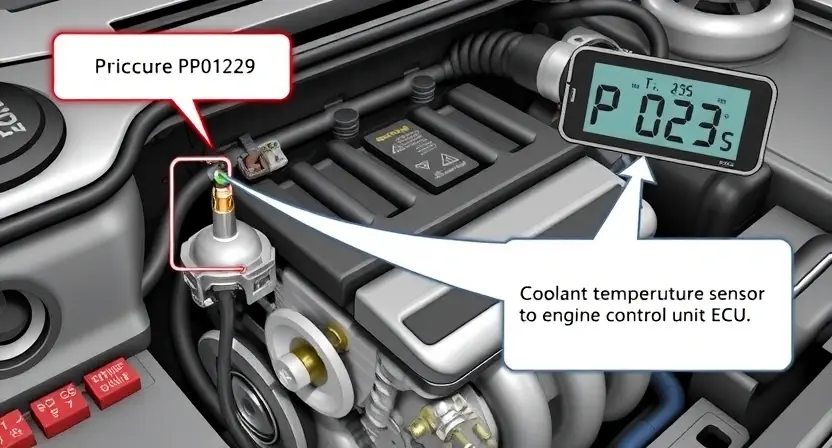 A detailed illustration of a car engine with a focus on the coolant temperature sensor and its connection to the engine control unit (ECU). Highlight the sensor's location and wiring. Show a visual representation of the P0129 error code being displayed on a dashboard screen.