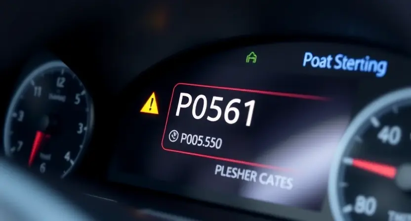 A close-up shot of a car's dashboard displaying a warning light and an error message indicating a P0561 code. The dashboard should be well-lit, showing the error message clearly. The car's interior should be slightly blurred in the background.