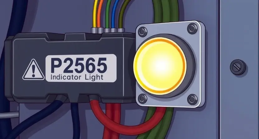 A detailed illustration of an electrical panel with a P2565 error indicator light illuminated. Wires and components are visible, showcasing the complexity of the electrical system. Focus on the error light and its surrounding details.