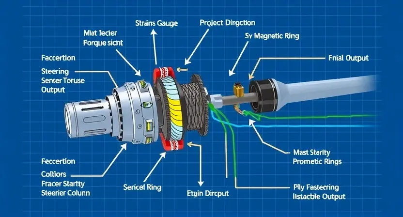 A detailed technical illustration of a steering torque sensor installed in a vehicle's steering column, showing internal components such as strain gauges, magnetic rings, and signal processing circuitry, with labeled parts and arrows indicating torque direction and sensor output, in a clean engineering diagram style with blueprint-like lines and subtle color coding for clarity