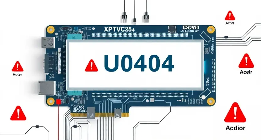A high-quality technical illustration showing a computer motherboard with a highlighted error code U0404 displayed on a diagnostic screen, surrounded by subtle warning symbols like exclamation marks and red alert icons, clean white background, professional lighting, detailed circuitry, no text or numbers visible on the image