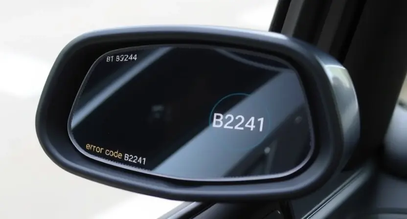 A detailed close-up of a car's side mirror with a visible error code B2241 displayed on a small screen or indicator within the mirror. The mirror should show a distorted or malfunctioning reflection, indicating the error's impact. The car's exterior should be partially visible, emphasizing the mirror's location and the surrounding area.