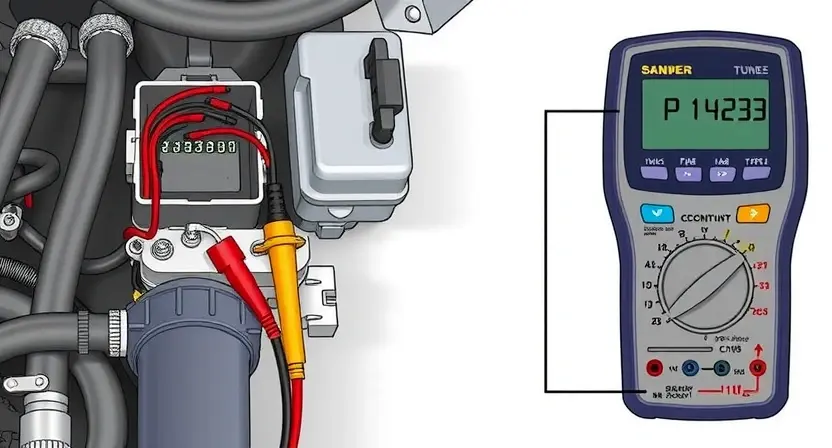 A detailed technical illustration of an automotive electrical system showing a wiring harness with connectors, a multimeter testing continuity, and a diagnostic scanner displaying error code P1423, with emphasis on electrical connections and sensors, clean technical diagram style