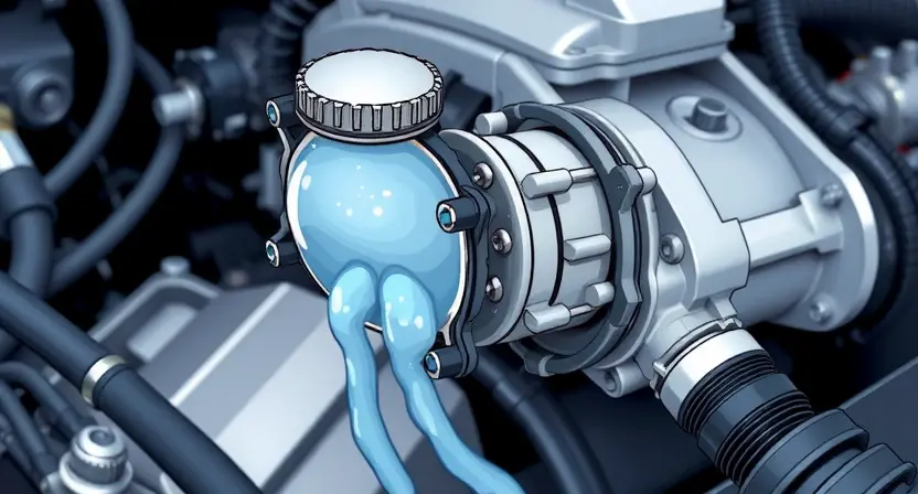 A detailed illustration of a car's engine bay with a close-up on the coolant pump. The pump should be visibly damaged or malfunctioning, with coolant leaking. Wires and hoses should be visible, indicating a complex system. The background should be slightly blurred to emphasize the pump.