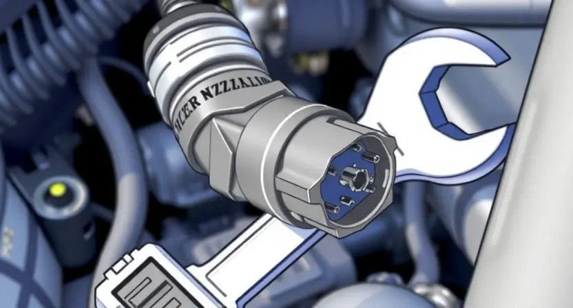 A close-up, detailed illustration of a car's engine bay, focusing on the Mass Airflow Sensor (MAP sensor) and its electrical connector. The sensor should be clearly visible, along with the wiring harness and connector pins. Include a wrench partially visible near the sensor, suggesting inspection. The background should be slightly blurred to emphasize the sensor area. The overall lighting should be bright and clean, highlighting the components.