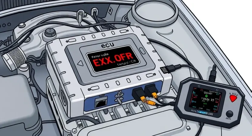 A detailed illustration of a car's engine control unit (ECU) with various diagnostic tools connected, highlighting a potential error code display. The background should be a clean, technical environment.