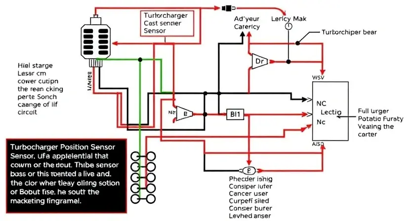 A detailed schematic diagram of a turbocharger position sensor circuit, highlighting the sensor, wiring, and potential points of failure. Focus on the electronic components and connections.