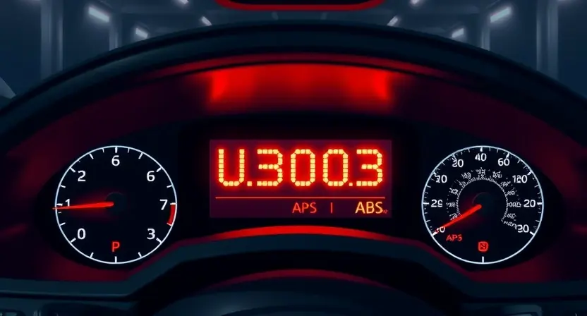 A detailed illustration of a car's dashboard with a glowing red error code U3003 displayed on the instrument cluster, surrounded by subtle warning symbols like check engine light and ABS indicator, in a dimly lit garage setting with soft ambient lighting, emphasizing the technical nature of the fault without any text or numbers beyond the error code itself