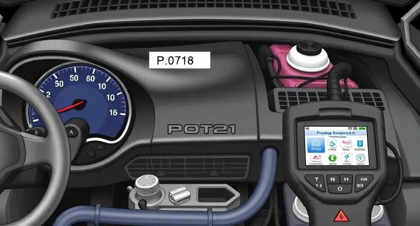 A detailed illustration of a car's engine bay, focusing on the P0718 error code indicator light and associated diagnostic tools. The image should clearly show the dashboard, the engine components, and a diagnostic scan tool connected to the car's computer.
