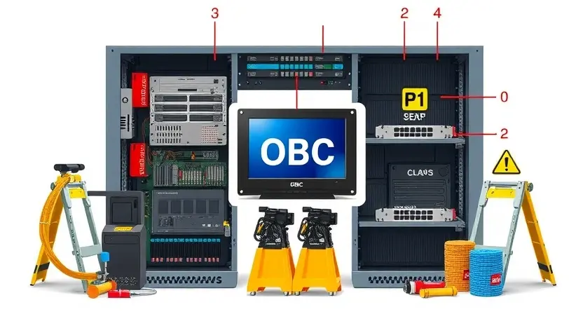 A professional technical illustration showing a server rack with labeled components, highlighting an OBC (On-Board Computer) module, surrounded by maintenance tools and safety signs, clean white background, high detail, no text or numbers on the image