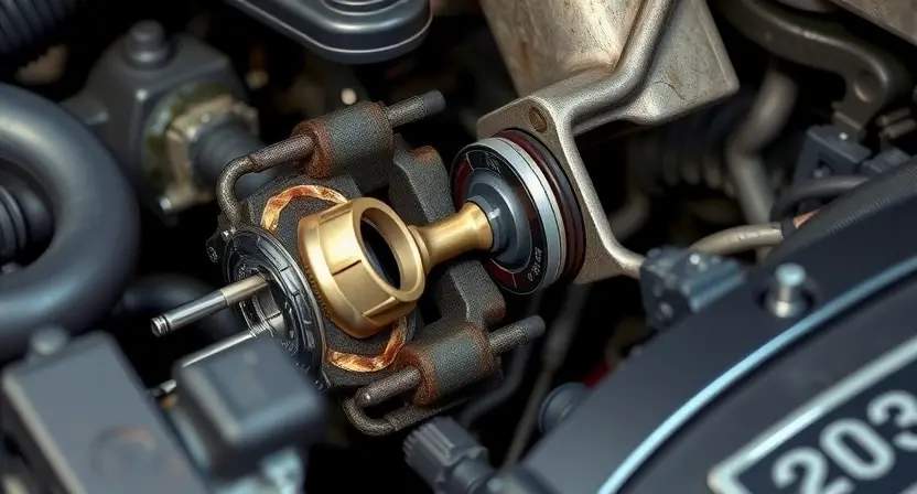 A detailed close-up of a car engine with a visible piston and connecting rod, showing signs of wear and damage. The engine should be depicted with a critical knocking sound effect, represented by visual cues such as cracks or misalignment in the components. The scene should be realistic and highly detailed, focusing on the mechanical parts and the impact of the error P2336.