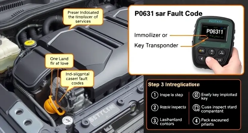 A detailed technical illustration showing the causes, diagnosis, and troubleshooting of a P0631 fault code in a vehicle's engine control system, featuring a car engine with highlighted sensors (such as the immobilizer or key transponder), a diagnostic scanner displaying the P0631 code, and step-by-step visual indicators for inspection and repair procedures, all in a clean, educational, and professional automotive technical style
