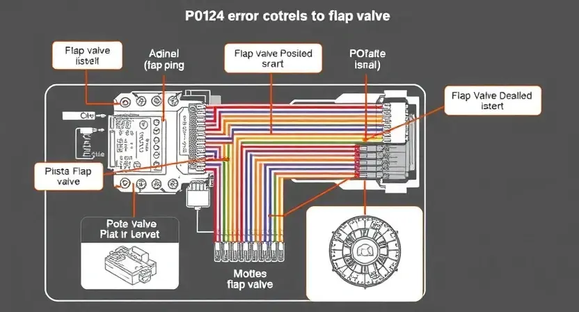A detailed schematic diagram of an automotive engine control unit (ECU) with wiring and component labels. The diagram should clearly illustrate the connections related to the P0124 error code (flap valve). Include visual representations of the flap valve itself and its position.