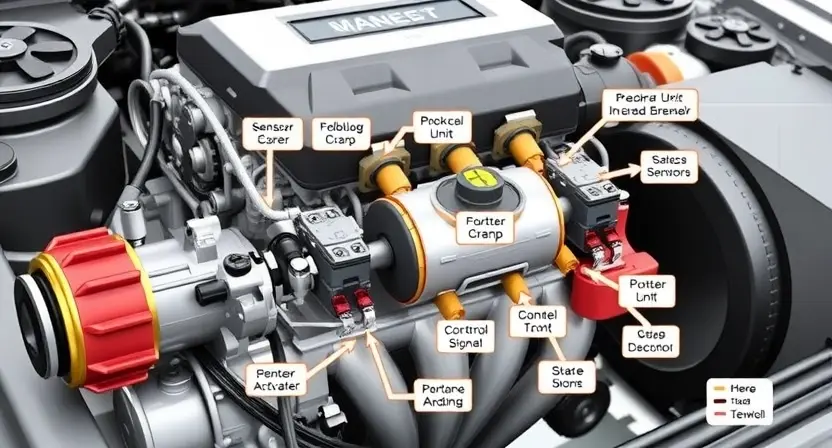 A detailed diagram illustrating the Integrated Motor Control (IMRC) system in a car engine. The diagram should clearly show the components involved (sensors, actuators, control unit, etc.) and their connections. Focus on the flow of information and control signals. Use clear labels and arrows to indicate the direction of data and power. The engine should be partially visible in the background to provide context.