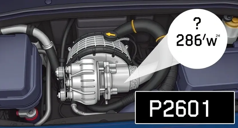 A detailed illustration of a car's engine compartment, focusing on the cooling system. Show a close-up of the electric water pump, with visible hoses and connections. Include a digital representation of the P2601 error code displayed on a dashboard screen. The overall scene should convey a sense of technical detail and problem-solving.