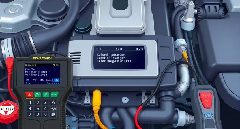A detailed illustration of an automotive engine control unit (ECU) with various diagnostic tools connected, highlighting a potential error code display. Focus on clarity and technical accuracy.