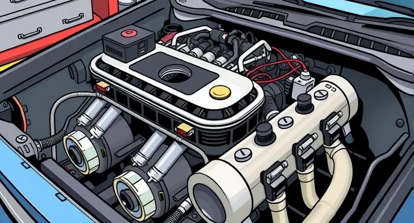 A detailed illustration of a car engine with visible components such as pistons, cylinders, and spark plugs. The engine should appear slightly worn and dirty to indicate it is not functioning at full capacity. The background should include a mechanic's toolbox and some diagnostic equipment to suggest a repair scenario.