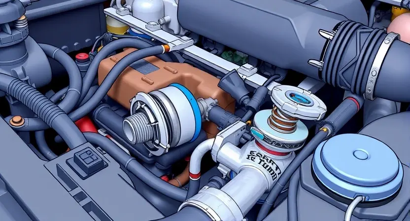 A close-up, detailed illustration of a car engine bay, focusing on the thermostat and temperature sensor. The thermostat should be clearly visible, along with its connections to hoses. The temperature sensor should also be identifiable, showing its placement near the engine block. Include some surrounding engine components for context, but keep the focus on the two key parts. The overall lighting should be bright and clear, emphasizing the mechanical details.