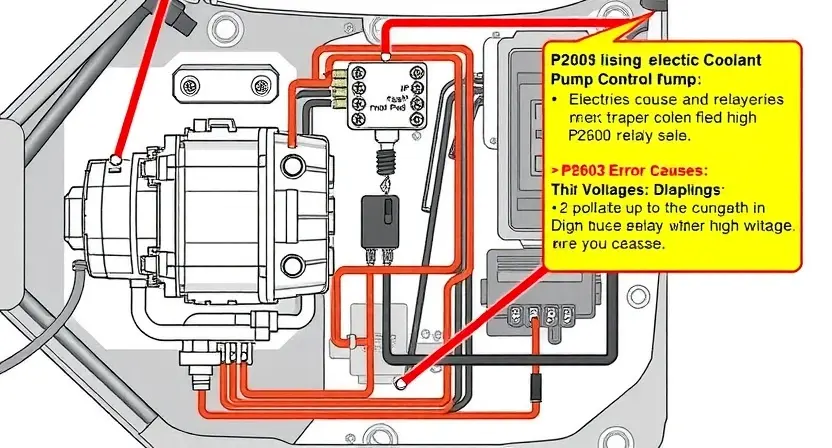A detailed illustration of an electric coolant pump control circuit with a P2603 error code highlighted. The circuit should include the pump, wiring, relays, and a diagnostic interface. The image should clearly show the potential cause of the high voltage issue.