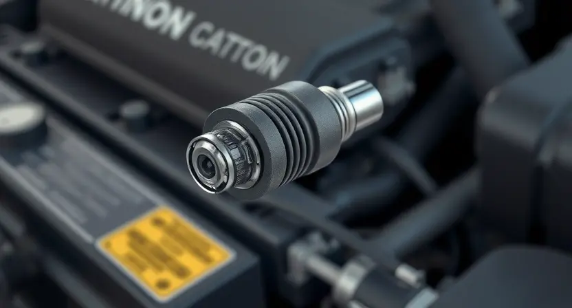 A close-up illustration of a car's oxygen sensor, highlighting its connection to the engine. The sensor should be depicted with realistic detail, showing its wiring and physical form. The background should be a blurred view of an engine compartment. Focus on the sensor's role in monitoring exhaust gases.