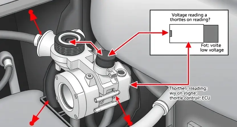 A detailed illustration of a car's throttle position sensor (TPS) and its wiring harness. The image should clearly show the sensor mounted on the throttle body, with arrows indicating the flow of electrical signals. Include a simplified diagram of the circuit, highlighting the voltage readings and the potential for low voltage. Focus on the sensor's physical components and its connection to the engine control unit (ECU).