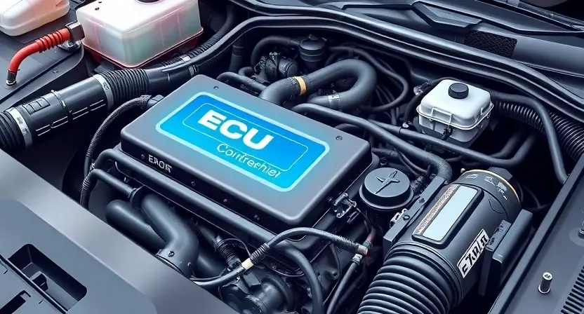 A detailed illustration of an automotive engine bay, focusing on the engine control unit (ECU) and the distributor. The ECU should be highlighted with a glowing effect, indicating a potential error. Wires and sensors should be visible, showing a complex network. The overall color scheme should be realistic, with metallic accents.