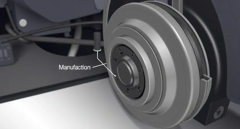 A close-up, detailed illustration of a car's parking brake mechanism. Focus on the cable tension sensor and its connection points. Show the cable running from the handbrake lever to the rear wheels. The image should highlight the sensor's physical appearance and its integration within the braking system. Include subtle visual cues suggesting a malfunction, such as a slightly disconnected wire or a darkened sensor housing. The background should be blurred, emphasizing the central components.