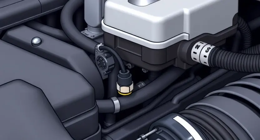 A close-up, detailed illustration of a car's engine bay, focusing on the engine temperature sensor and related components. The sensor should be clearly visible, with wires and hoses connected. The overall scene should convey a sense of automotive mechanics and diagnostics.