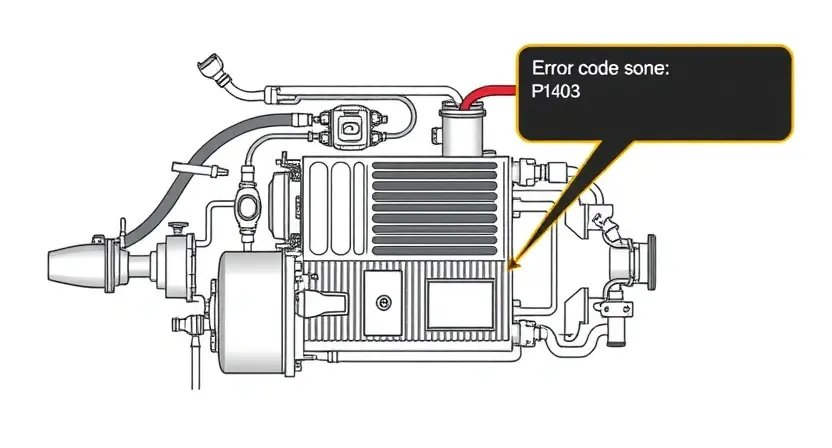 A detailed technical illustration of an automotive exhaust gas recirculation (EGR) system showing the flow of exhaust gases, EGR valve, cooler, and sensor components, with a highlighted diagnostic display indicating error code P1403, clean background, no text or numbers on the image