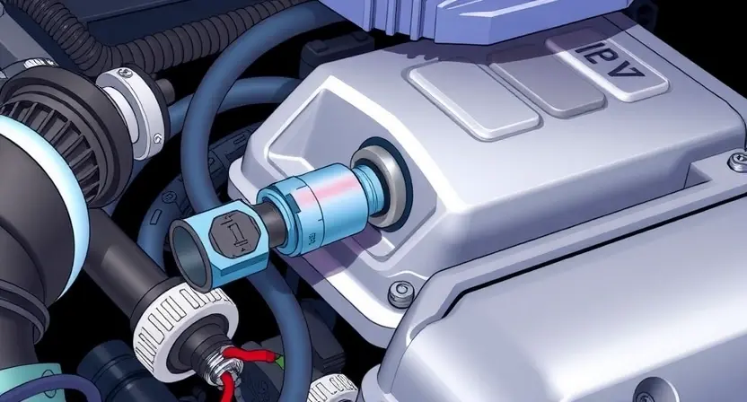 A close-up, detailed illustration of an engine bay with a focus on the oxygen sensor and its wiring. The sensor should be clearly visible, along with the surrounding engine components. The image should convey a sense of technical precision and clarity, highlighting the sensor's position and connections.